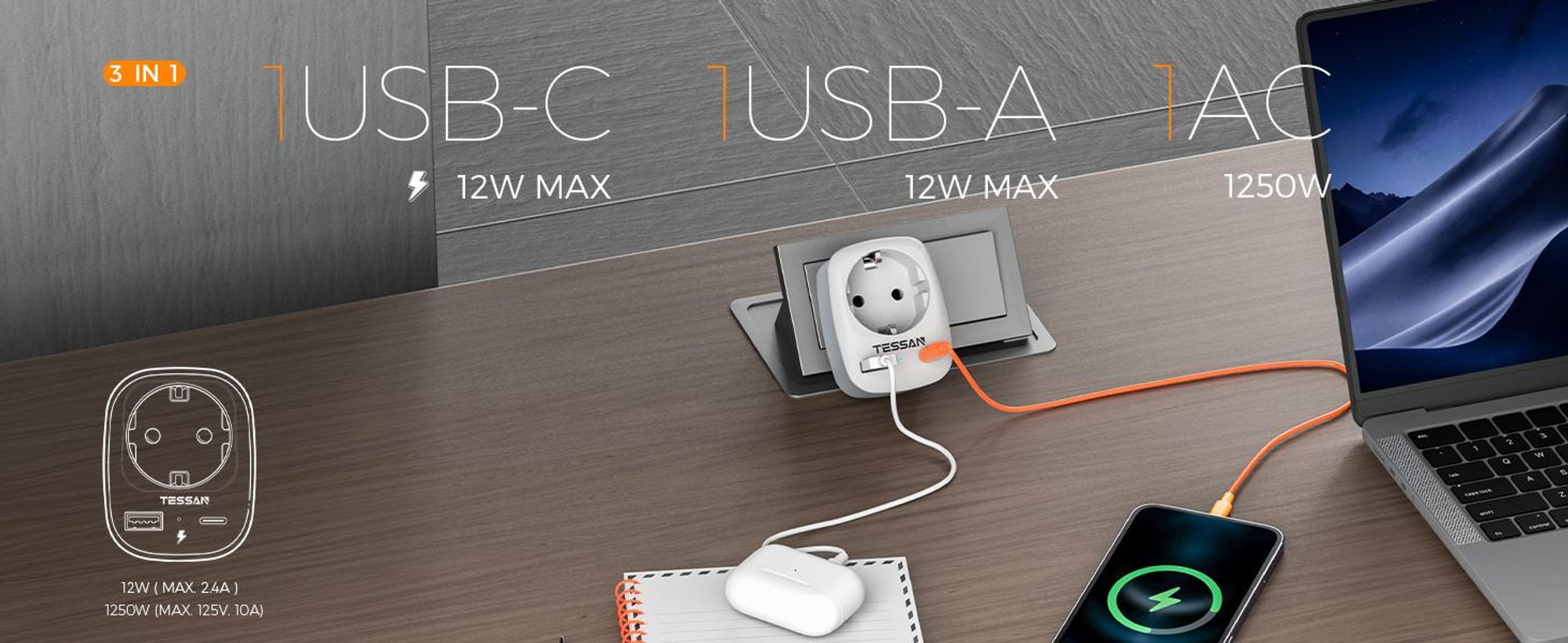 TESSAN 2er Pack USA Adapter Steckdose 3 in 1 Reiseadapter mit USB C und USB A 1250W für Kanada Stromadapter Thailand Philippinen