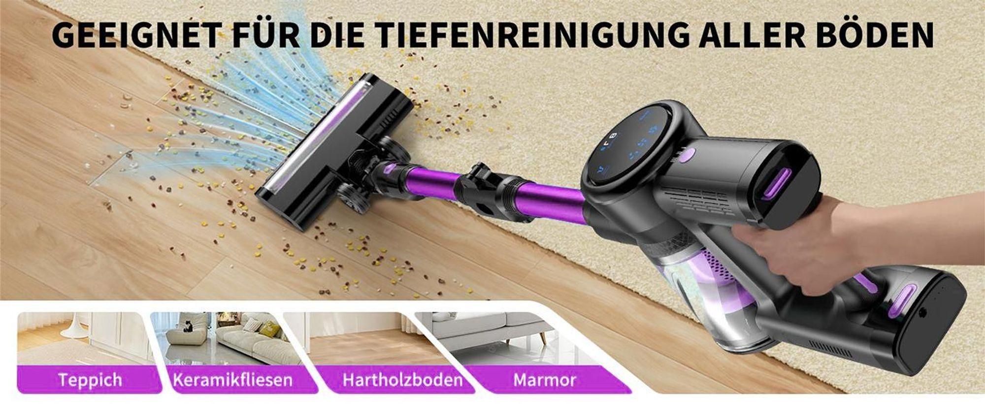 Kabelloser Staubsauger, 55kPa/550W/65Min,  Akku Staubsauger SuperLeise, Handstaubsauger mit LED Display, Stabstaubsauger für Hartböden Teppiche, HEPA