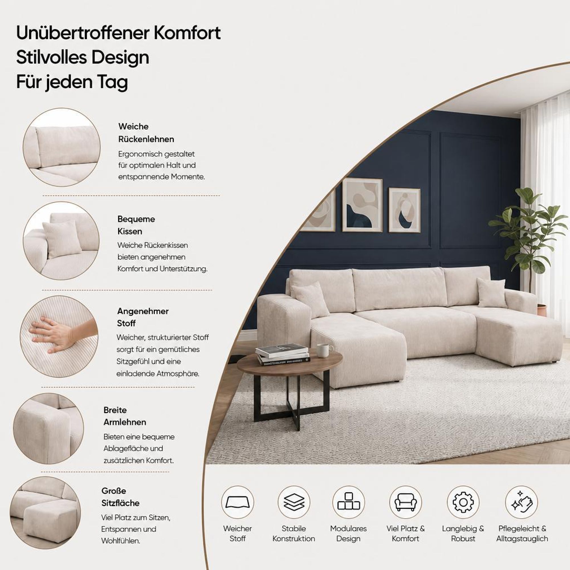 VENASI LUNA U-FORM Ecksofa mit Schlaffunktion und Bettkasten Sofa U Form Eckcouch Schlafsofa BLAU