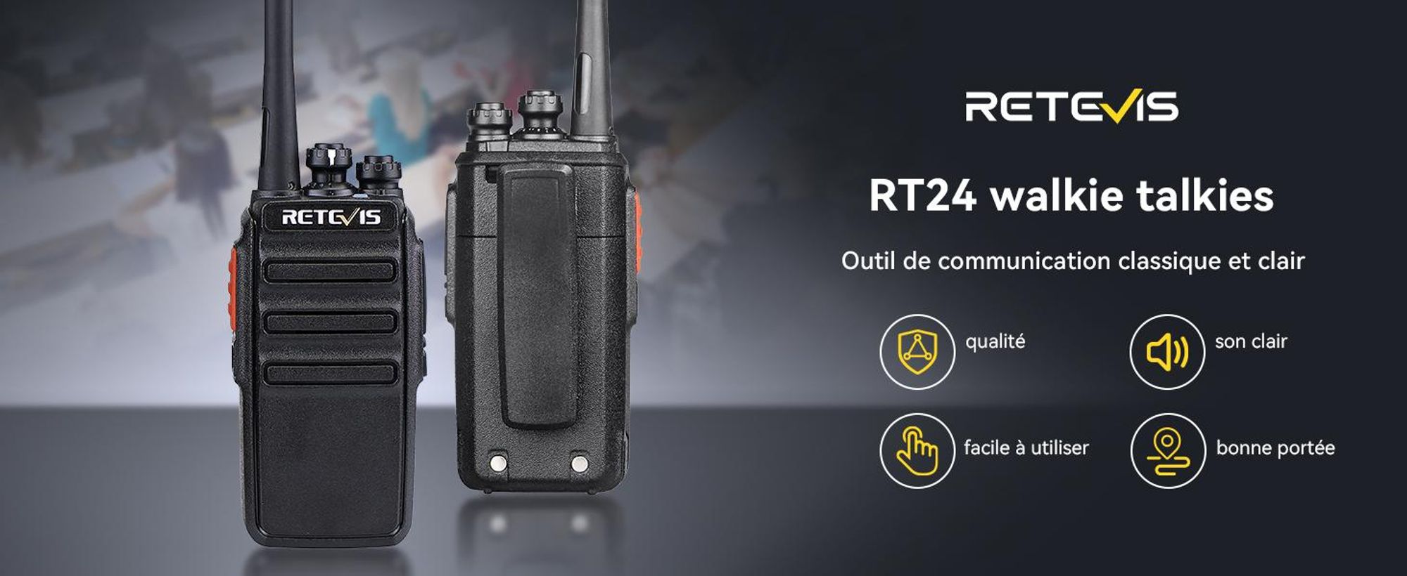 Radio Retevis RT24, 16 canaux VOX Squelch radio portative Rechargeable avec oreillette Support de charge USB, pour l'école, l'hôtel, le chantier de construction