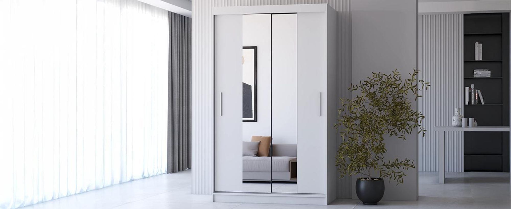 Schwebetürenschrank Kleiderschrank 120cm Weiß/Weiß mit Spiegeln Neomi 01