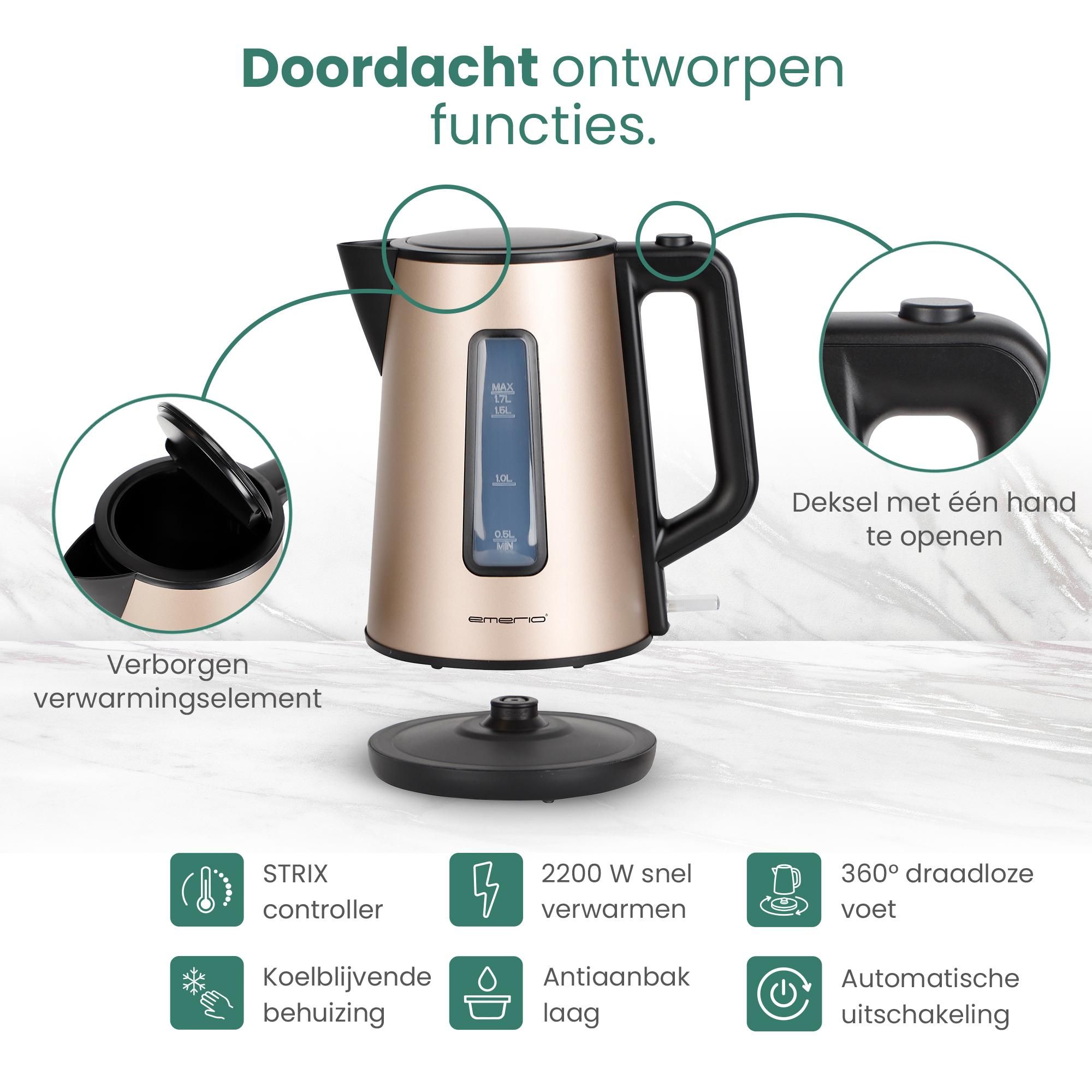 Emerio Waterkoker WK-122829 – 1,7 Liter – 2200 W – Cool Touch – Automatische Uitschakeling – RVS/Zwart