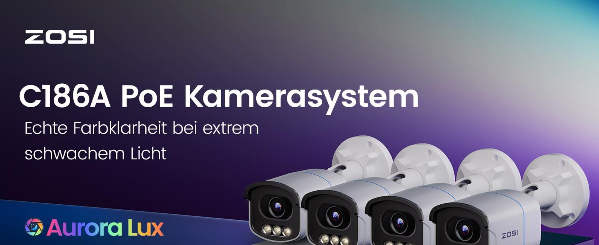ZOSI 4K PoE Überwachungskamera Set mit 2TB HDD, 4X 8MP Aussen Kamera mit Echtfarben-Nachtsicht, F1,0-Blende, KI Personenerkennung, AuroraLux C186A