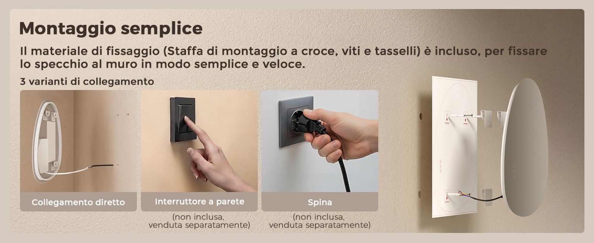 S'AFIELINA specchio da bagno con illuminazione 60×45 cm Specchio da parete con interruttore a LED 3 colori di luce e dimmerabile, funzione antiappannamento e memoria