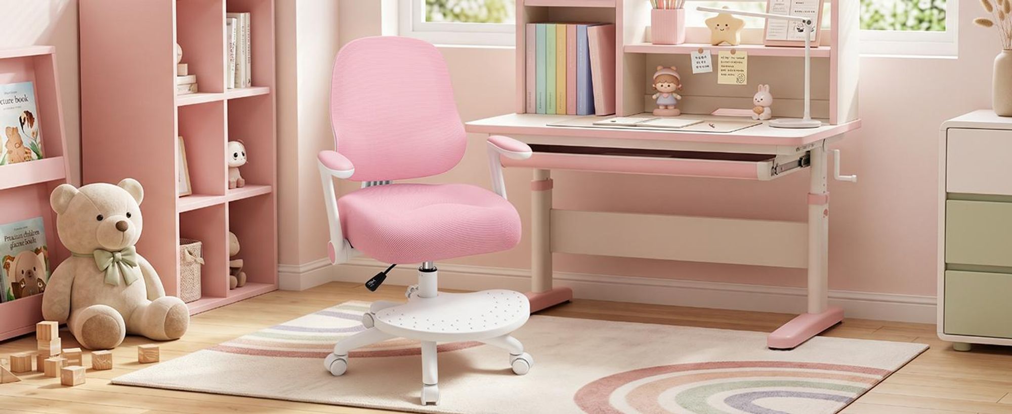 HOFFREE Ergonomischer Schreibtischstuhl für Kinder - mit verstellbarer Rückenlehne, sattelförmigem Sitzpolster, um 90° hochklappbaren Armlehnen, Pink
