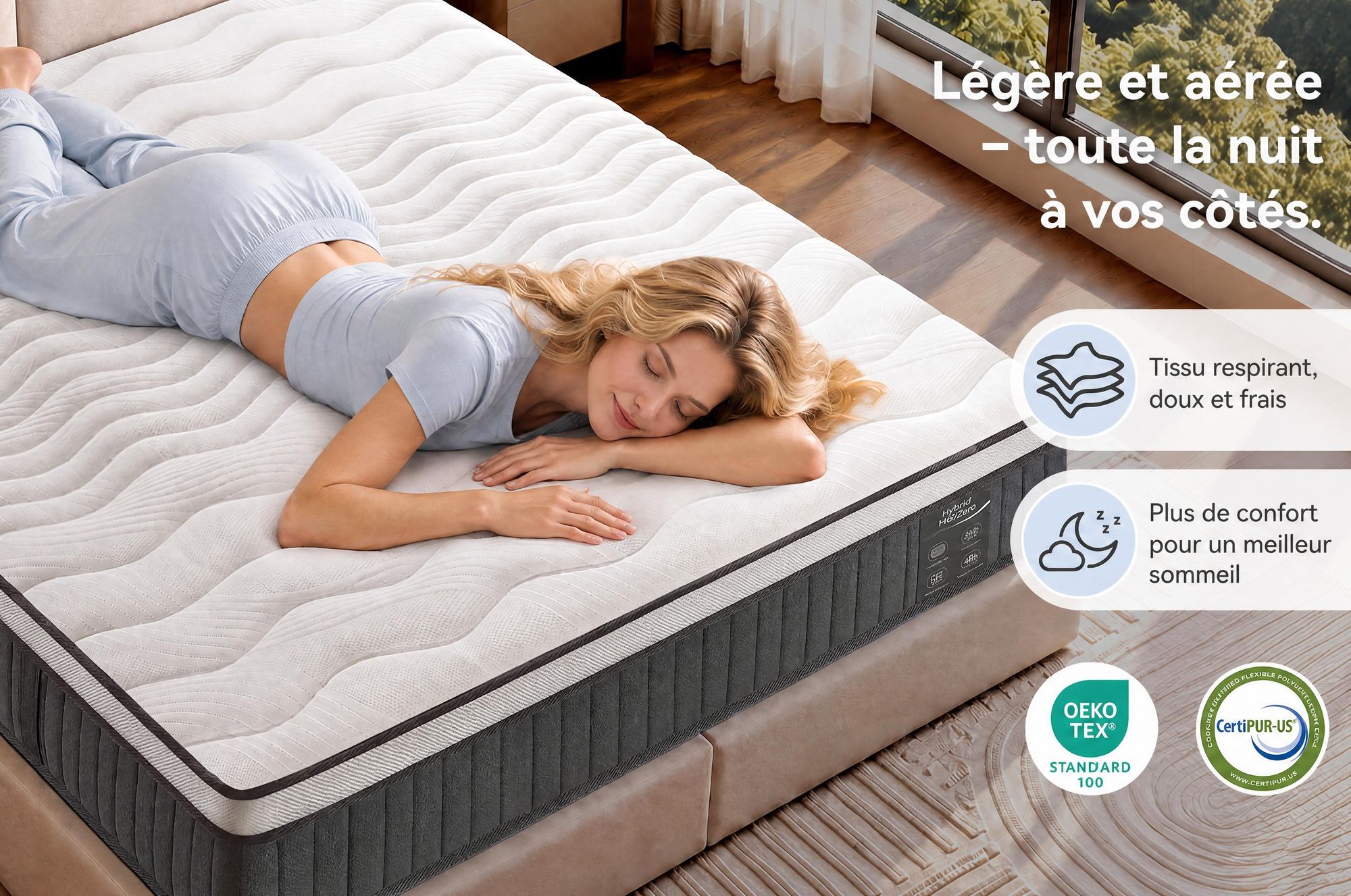 Matelas 180x200 cm, 22 cm d'épaisseur, avec sommier intégré. Matelas à 7 zones avec ressorts ensachés, fermeté H3/H4