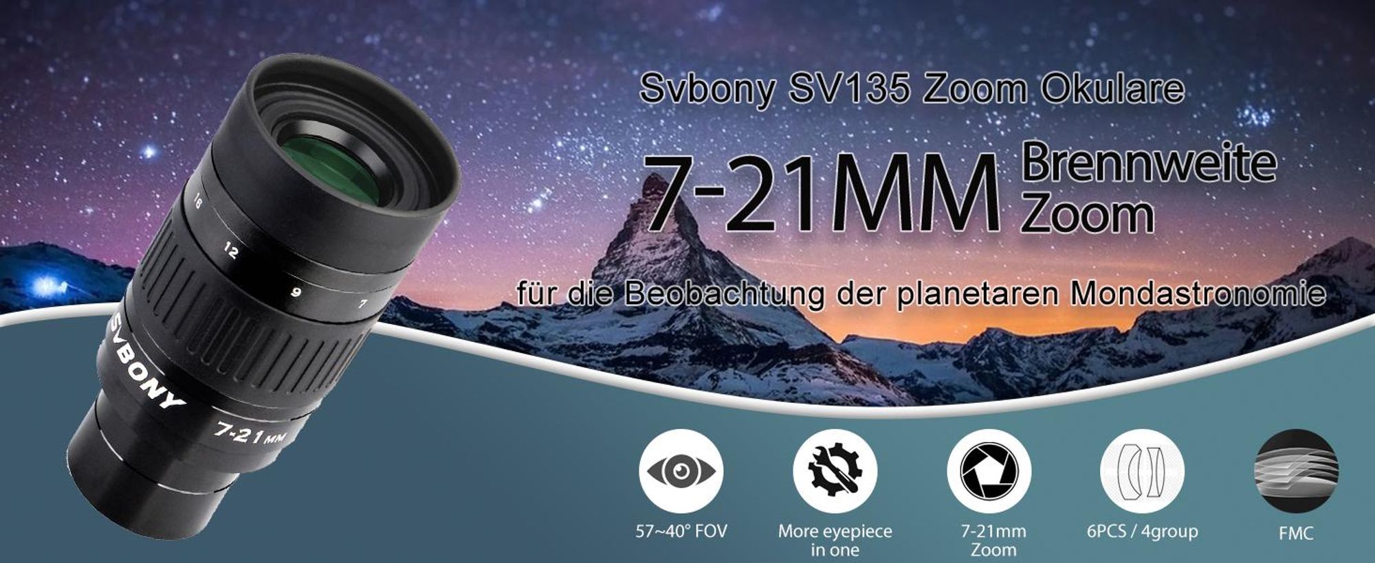 Svbony SV135 Teleskop Okulare Zoom, 1.25 Zoll 7-21mm Zoomokular mit FMC Green Film, Teleskopzubehör Planetenokular Anfänger für Planet Mond Astronomische Beobachtung