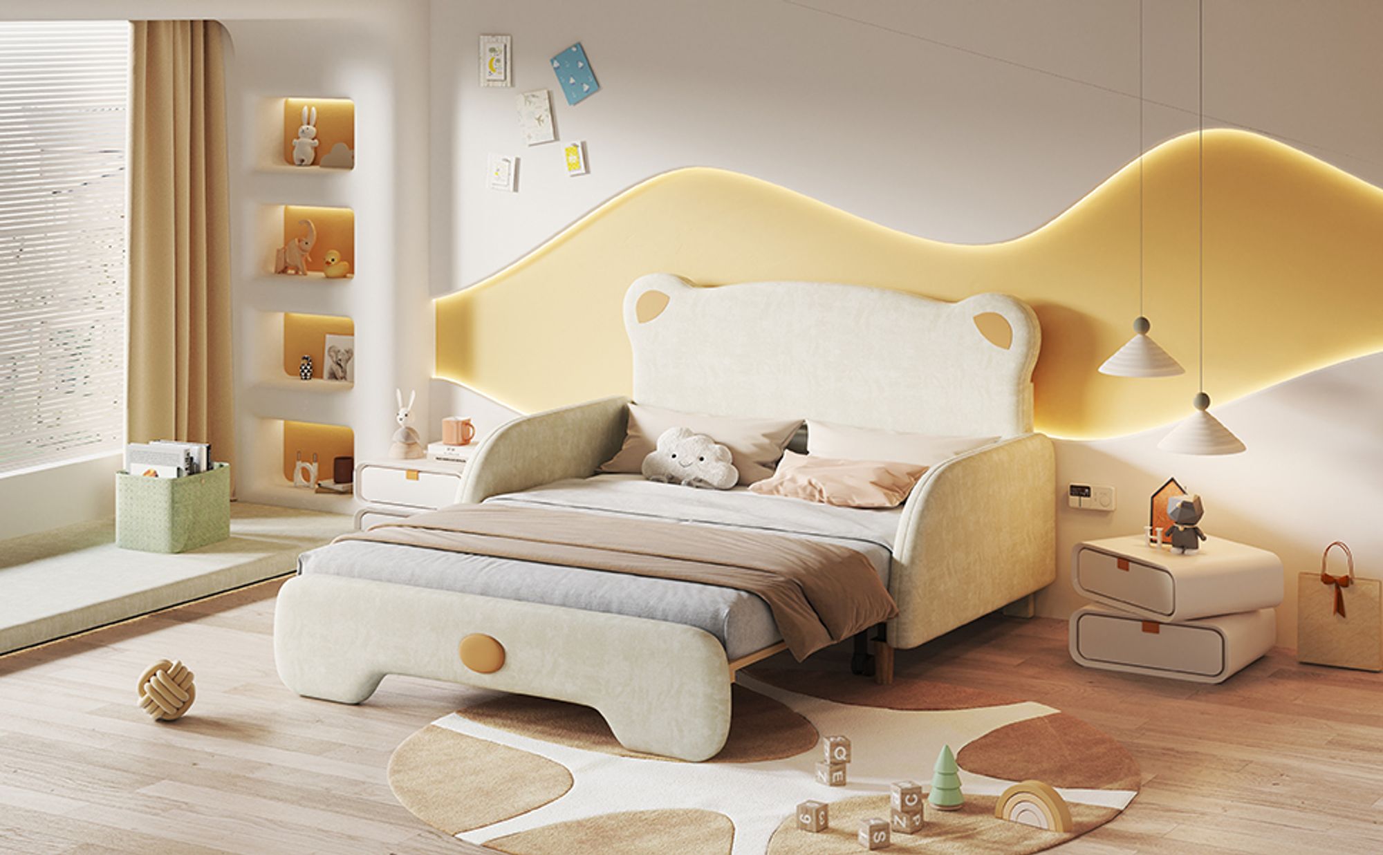 MODFU Kinderbett Polsterbett 140x105/140x200cm, Schlafsofa Daybett für Teenager,Ausziehbett in Bärenkopfform mit lattenrost, Samt Beige(Ohne Matratze)