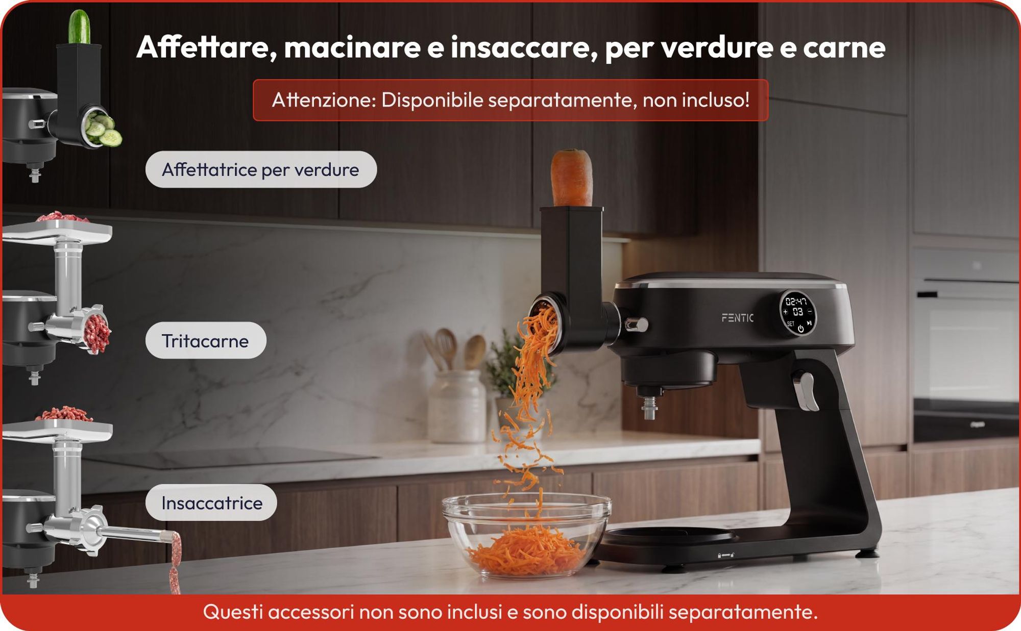 Fentic Impastatrice Planetaria 1800W, Ciotola Inox 7L, Robot da cucina per pane e pizza, 10 velocità con timer & Paraspruzzi