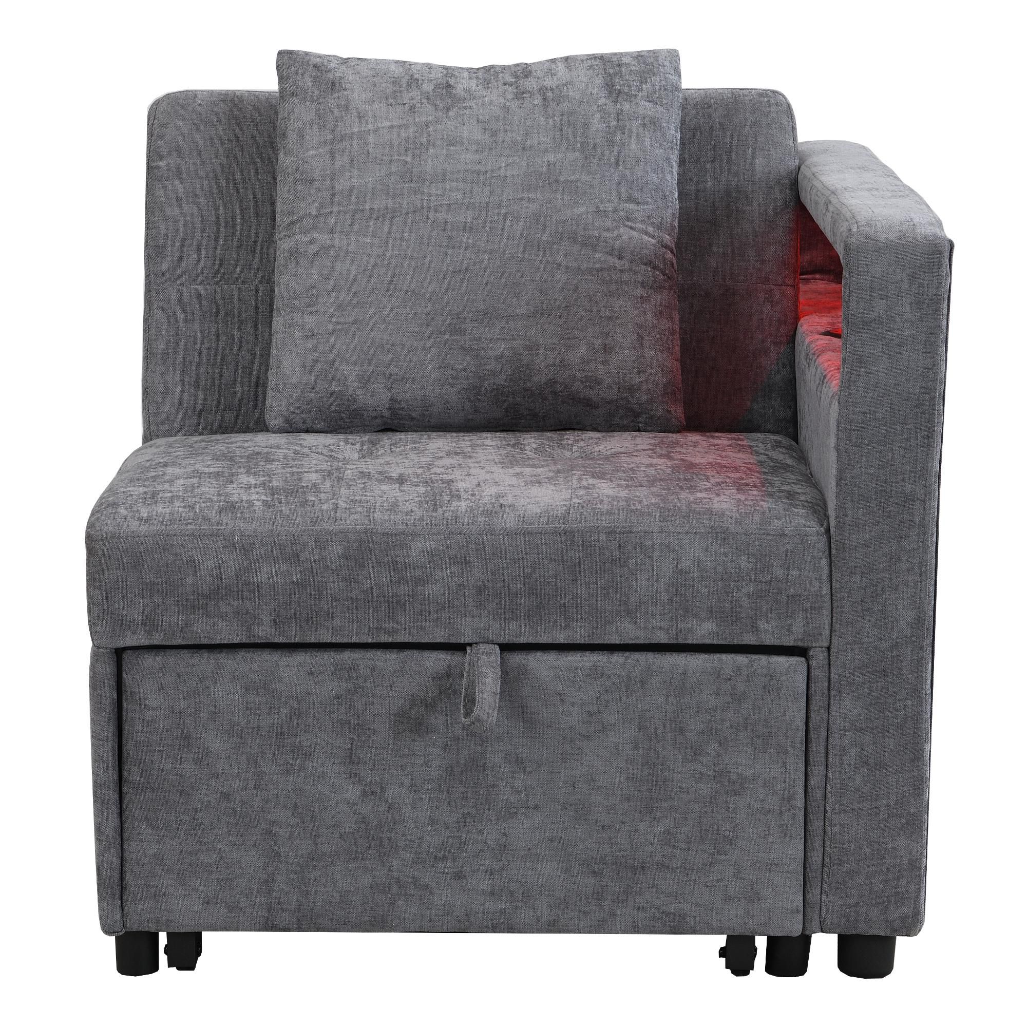 Flieks Schlafsofa mit Ladefunktion und Led, Polstersofa Sessel mit Kissen und Verstellbare Rückenlehne, Tagesbett Daybed, Leinen, Hellgrau