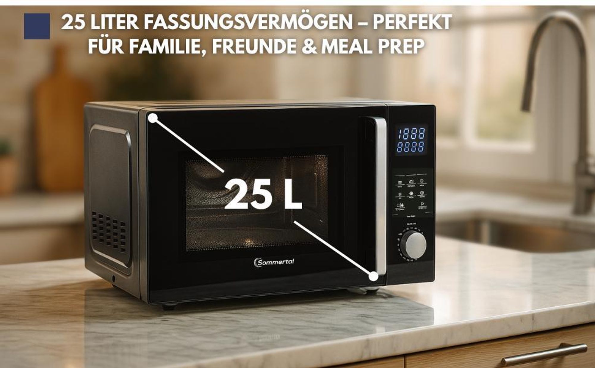 Sommertal 4in1 Mikrowelle MW2200 25L - Touch, Grill, Heißluft, 8 Programme, 60 Min Timer, Kindersicherung, Express-Start, Rost, Crisp-Pfanne