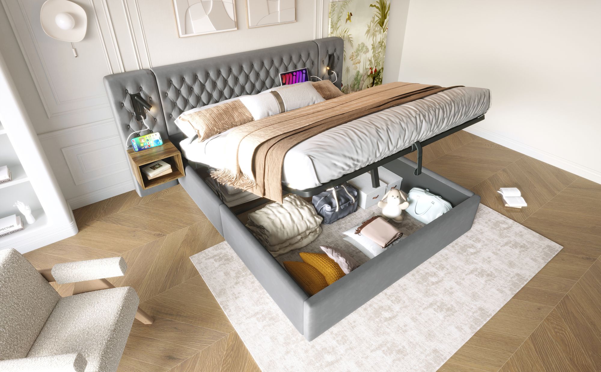 okwish Boxspringbett Polsterbett 160 x 200 cm mit USB-Ladeanschluss und Leselicht, Doppelbett Stauraumbett mit 2 Nachttischen(Ohne Matratze)- Grau