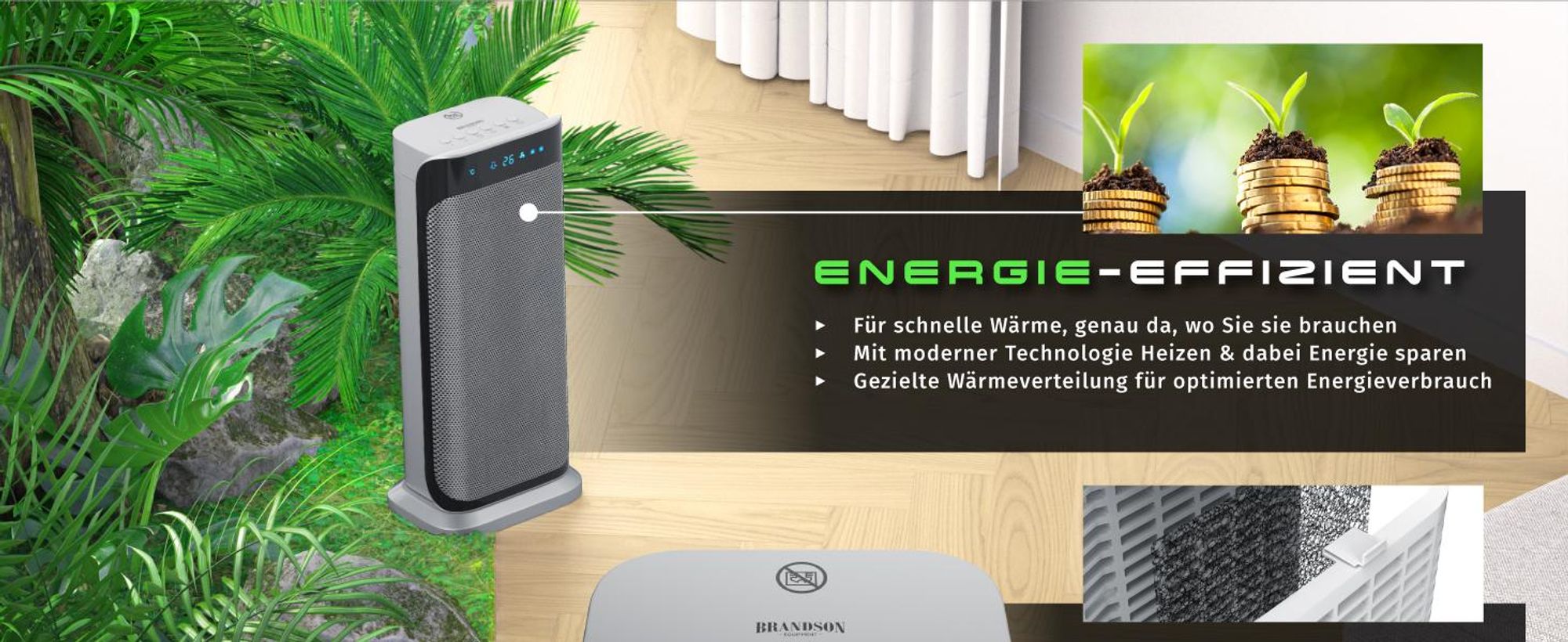 Brandson 2000W Keramik Heizlüfter, energiesparend, leise, Oszillationsfunktion 35°, Überhitzungsschutz, Automatische Abschaltung, Umkippschutz, 2x Heizstufen, Schwarz/Silber
