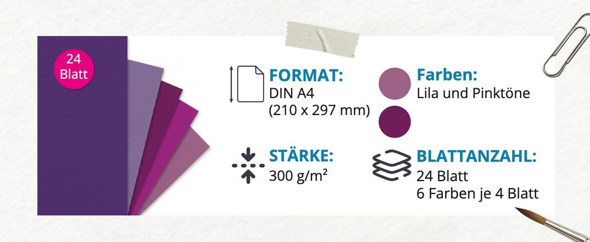itenga Fotokarton - A4 300 g/qm 24 Blatt - Lila und Pinktöne 6 Farben je 4 Blatt