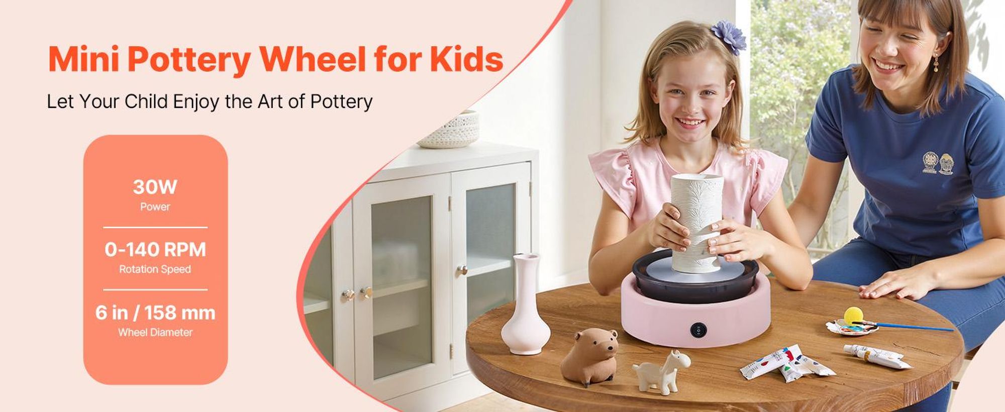 VEVOR Mini-Backofen mit 158 mm rotierender Schale, verstellbarer Drehzahl, geeignet für häusliche Keramikkurse, rosa runde Form