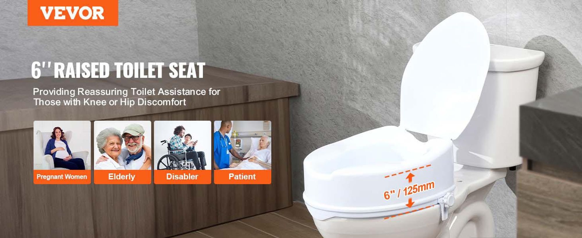 VEVOR Toilettensitzerhöhung Universal-Toilettenerhöhung, 15 cm, Tragkraft 136 kg, Schraubstangenverriegelung, mit Toilettensitz, für Senioren, Behinde