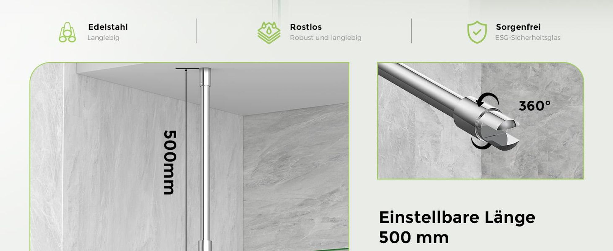 S'AFIELINA Dusch-Stabilisierungsstange aus Edelstahl, rund, verstellbar (Länge), für Glas 6–10 mm, auch für Decke, ideal für Duschabtrennungen,1 Stück