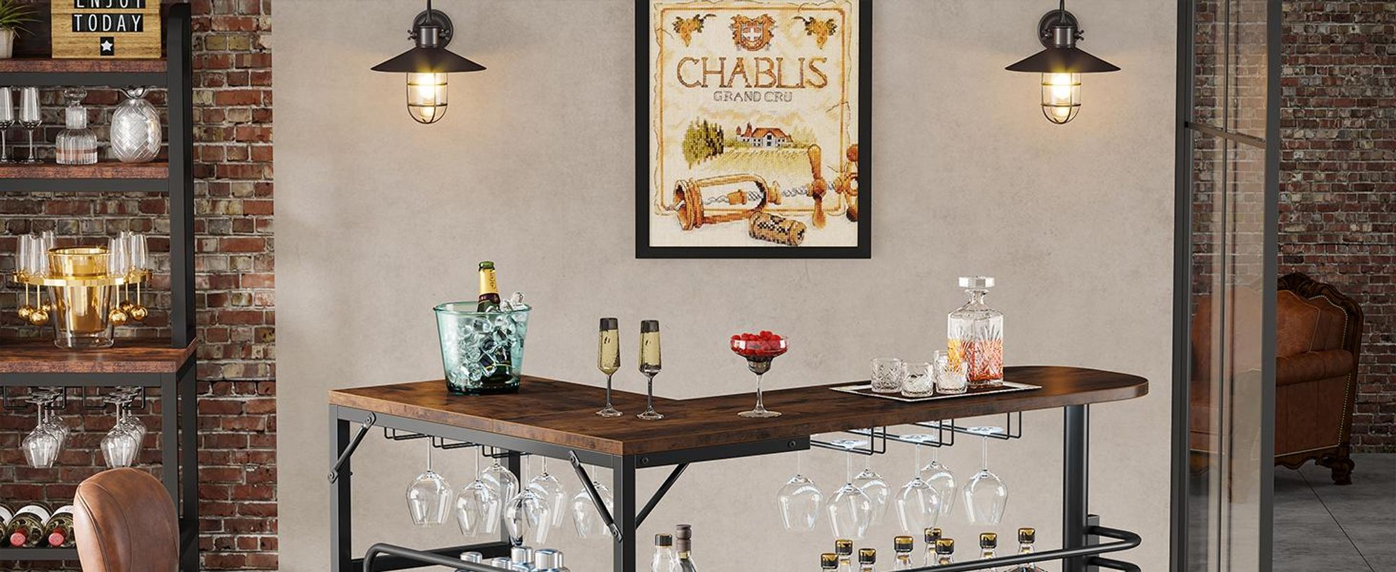 Tribesigns L-förmige Bartisch, 3 Tier Liquor Bistrotisch mit Regal Weinregal und Weingläser Halter, Industrielle Eck-Küchentisch, für Wohnzimmer,Küche