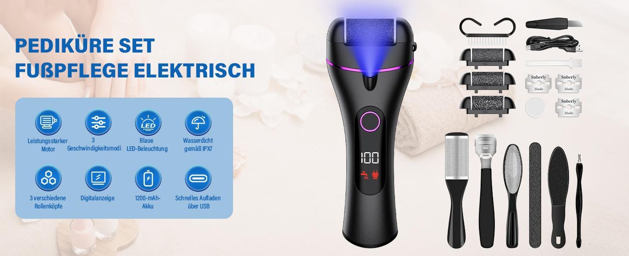 Elektrischer Hornhautentferner, Hornhauthobel Elektrisch Füße, Fußpflegegerät, mit 3 Rollen, für Rissige Fersen, Abgestorbener, Hornhaut Entfernen