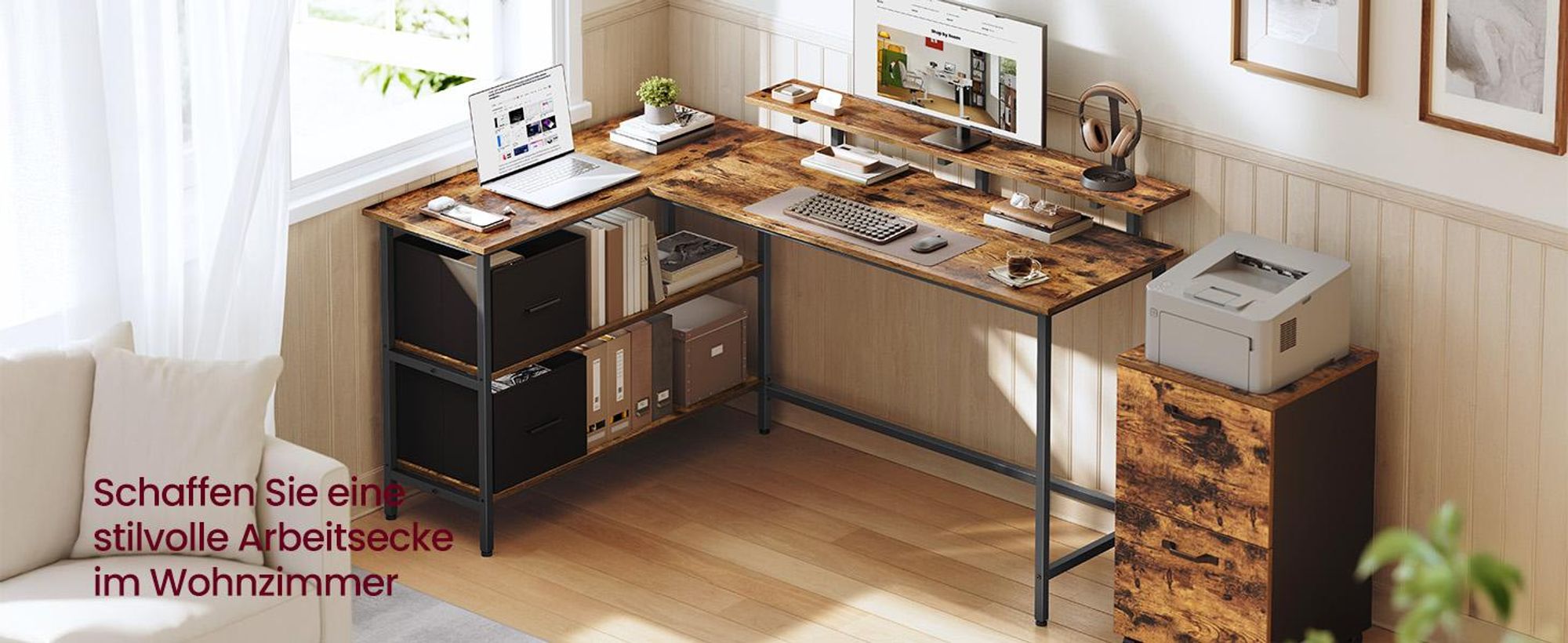 VASAGLE Eckcomputertisch mit Monitorständer, L-förmiger Arbeitstisch, 2 Schubladen, höhenverstellbar, 155 x 105 cm, braun