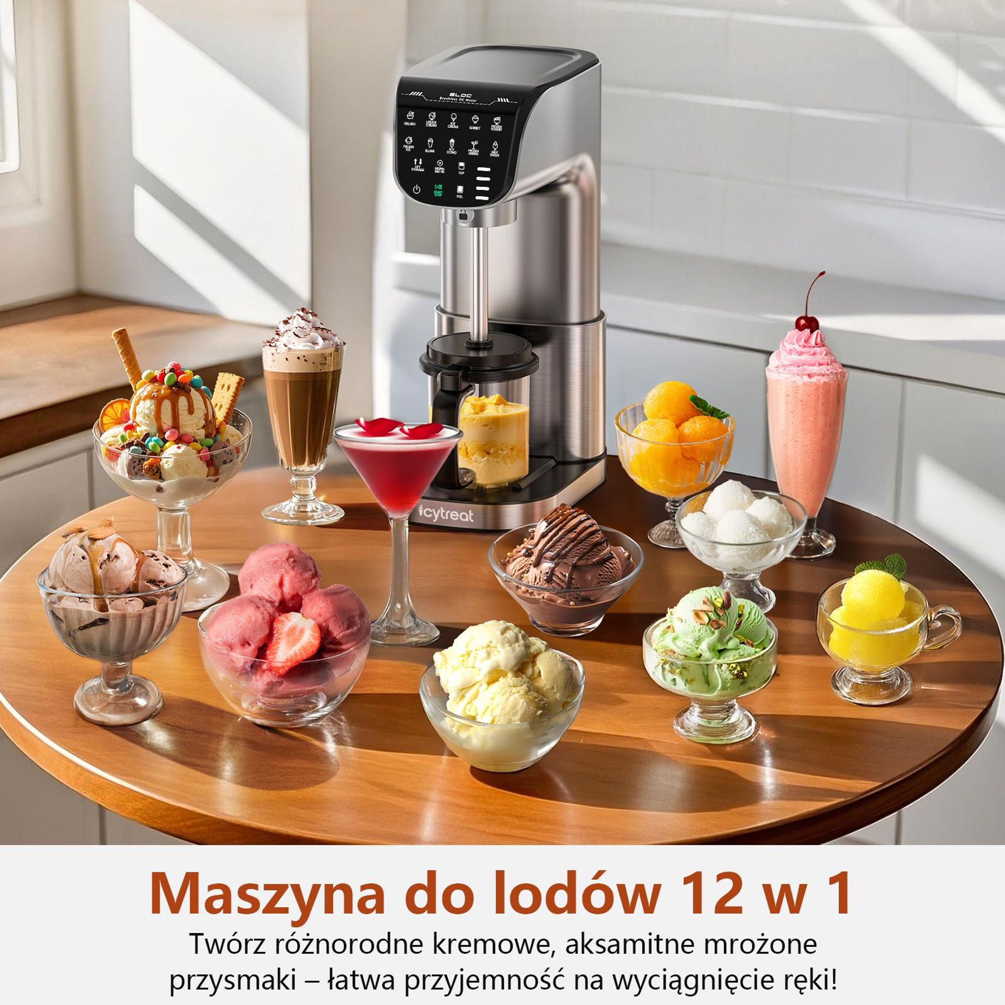 Maszyna do lodów IcyTreat IC-1010 EU – W pełni automatyczna, obudowa ze stali nierdzewnej – Wyposażona w 3 pojemniki i 12 programy – Srebrna