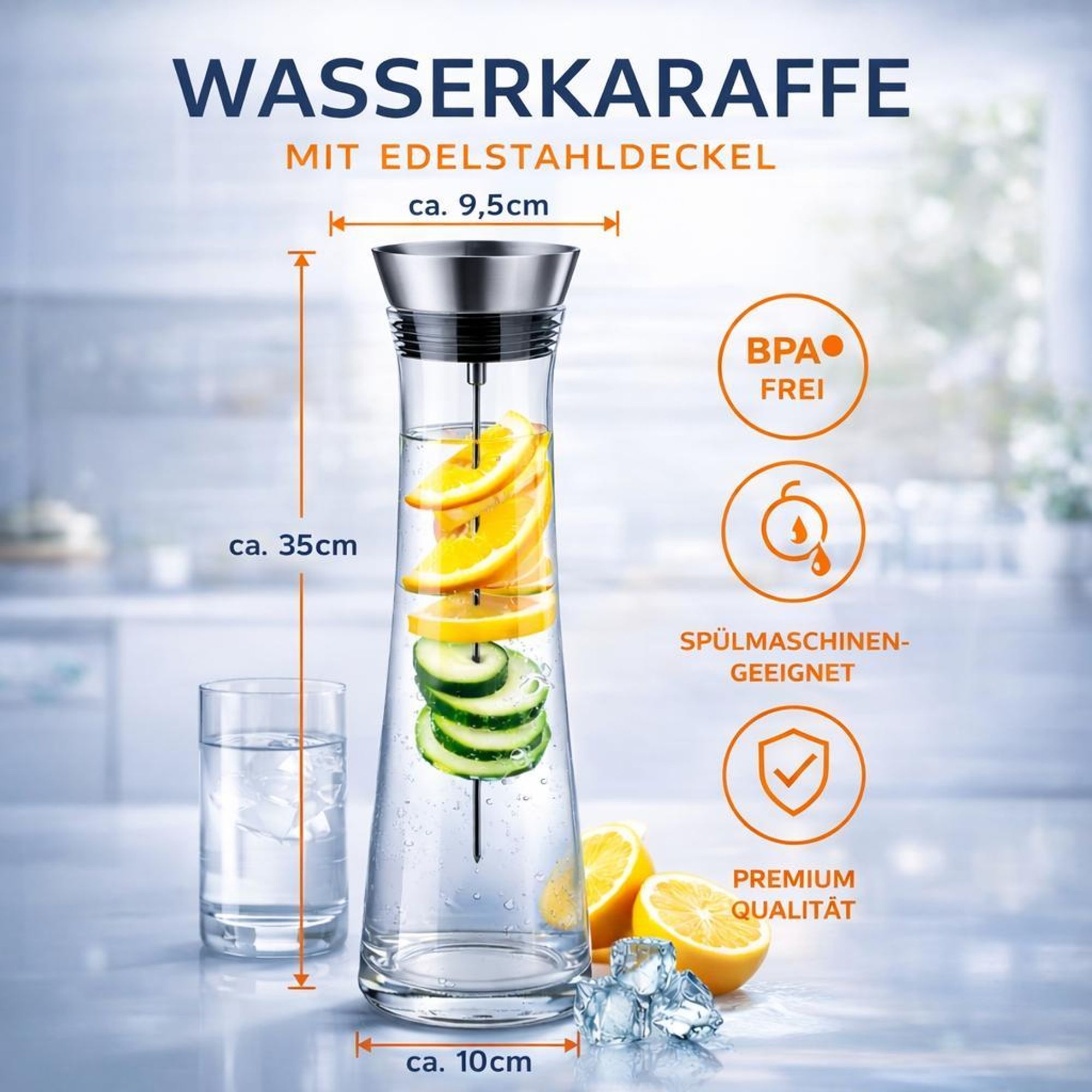 2er Set Glaskaraffe 1,1L mit Fruchtspieß Infuser – Wasserkaraffe aus Glas mit Edelstahl Deckel für Wasser, Eistee, Saft, Milch, Wein & Detox Drinks