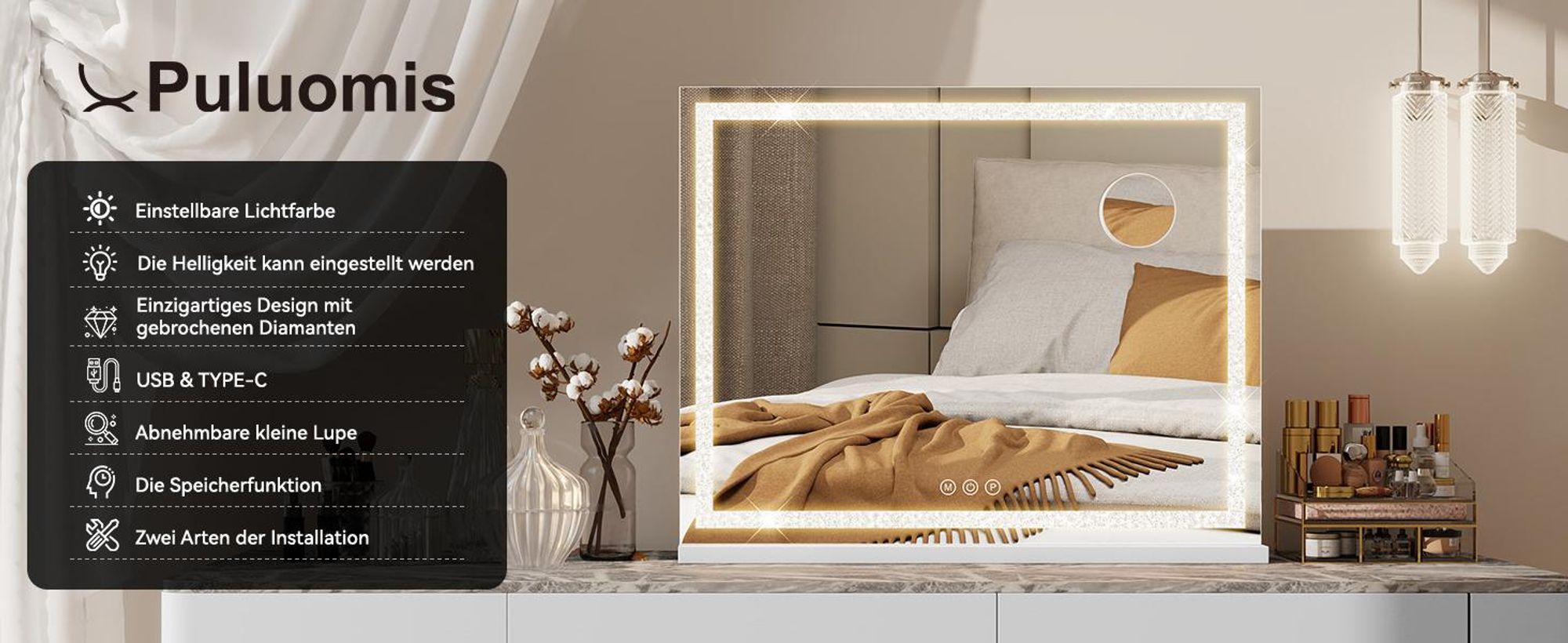 Puluomis Kosmetikspiegel 70x55 cm dimmbar mit LED Diamanten Design, 3 Farben Hollywood Spiegel, Schminkspiegel USB Type C Tischspiegel Wandspiegel