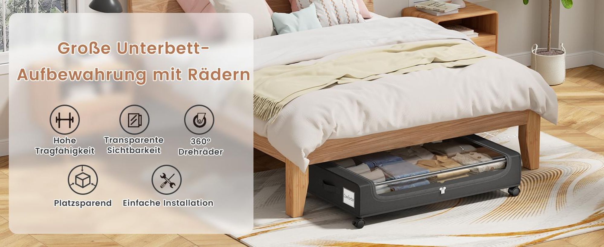 2 Stück Unterbett-Aufbewahrungsboxen mit Rollen, 50 L, 16 cm hoch, mit transparentem Deckel, Unterbettkommode für Kleidung, Bettwäsche und Schuhe