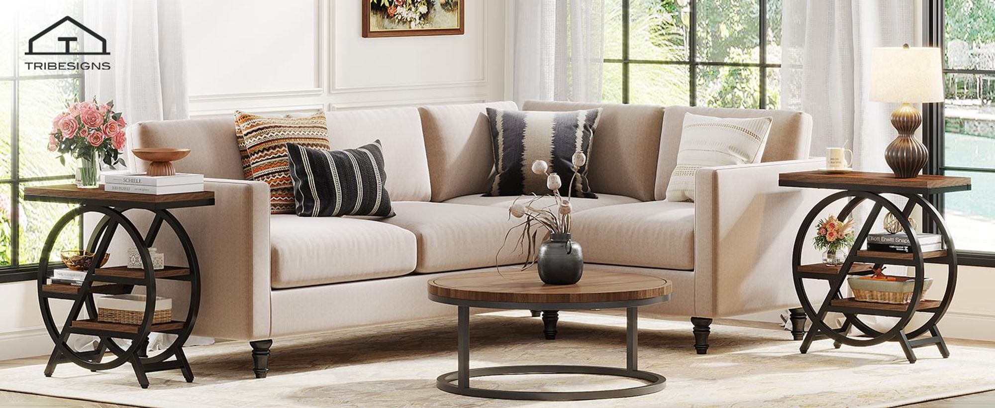 Tribesigns 3-Etagen Beistelltisch, Holz Sofa Beistelltisch mit Lagerung,  , Nachttisch mit geometrischem Metallrahmen für Schlafzimmer Wohnzimmer