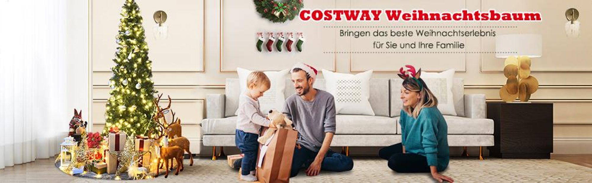 COSTWAY 200cm Bleistift Weihnachtsbaum mit warmweißen LED-Leuchten, künstlicher Tannenbaum mit Klappsystem und Metallständer, Christbaum PVC Nadeln, Kunstbaum Weihnachten Grün