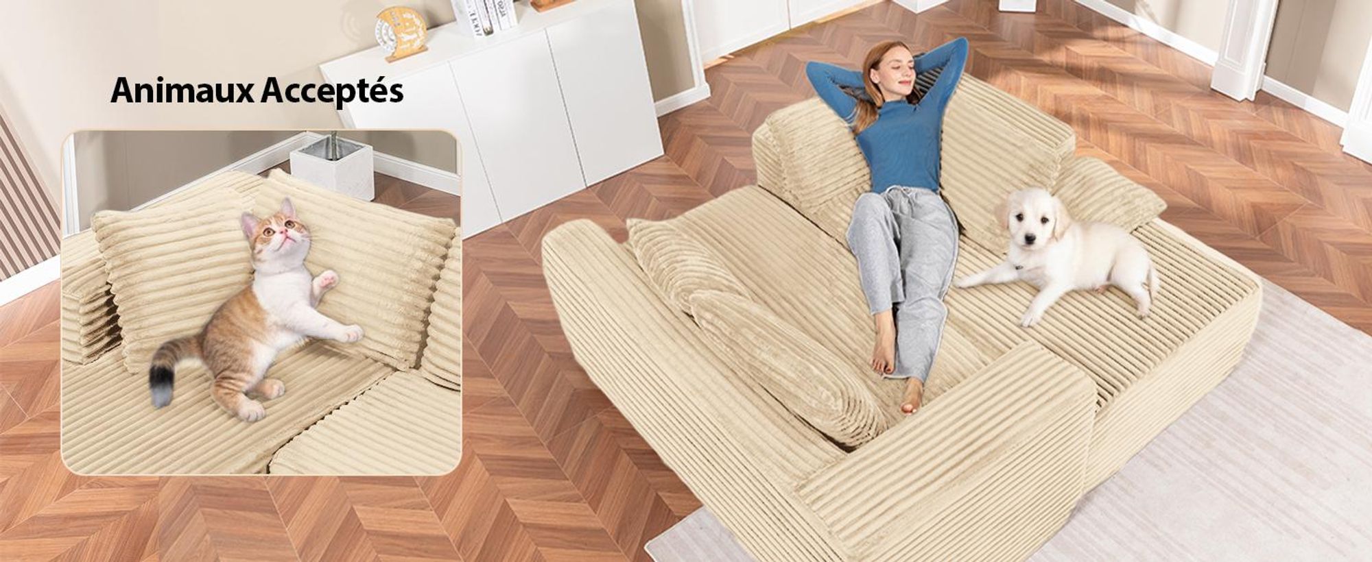 COMHOMA Sofa Big-Sofa, Canapé en L, Canapé d'angle, Chaiselongue Canapé-lit avec assise profonde et larges accoudoirs, tissu velours côtelé, Beige-L