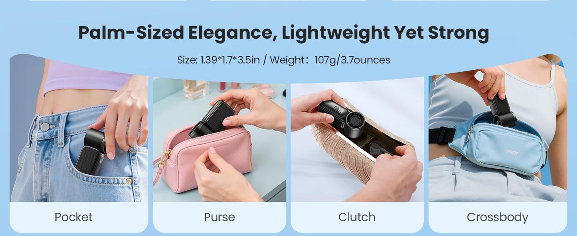 Ventilator tragbar Mini, 5 Stufen Handventilator mit LED Display, USB-C Akku 3000mAh, leiser kleiner Ventilator für Kinderwagen & Reisen