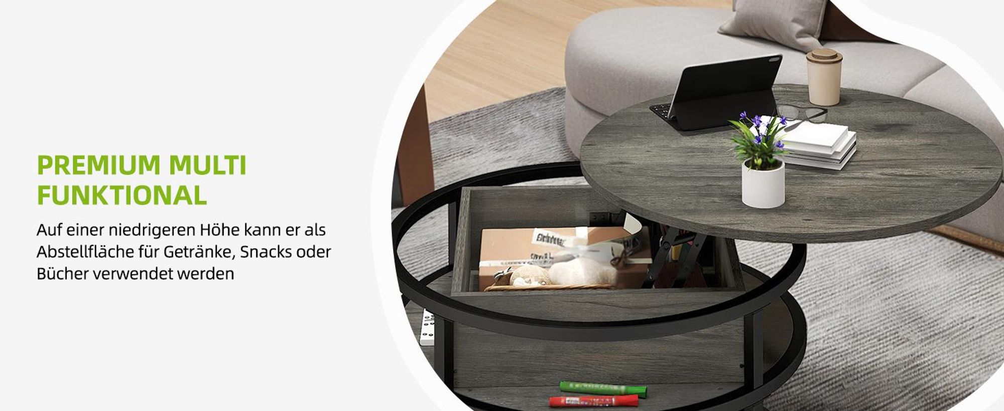 YITAHOME Couchtisch rund, höhenverstellbar, Wohnzimmertisch Beistelltisch mit Stauraum, 80 x 80 x 47 cm, Grau