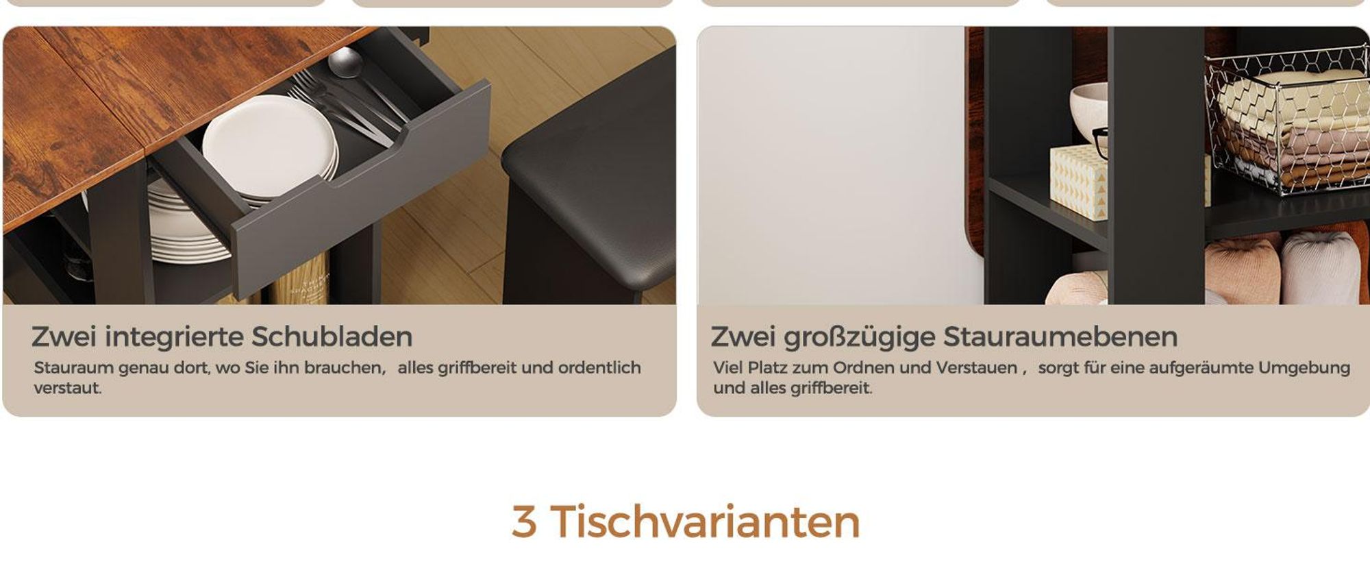 Mondeer Essgruppe Klapp-Essgruppe mit 4 Polsterhocker – Platzsparend, Rollen, 2 Schubladen & Ablageflächen 140x80 cm Braun und Schwarz
