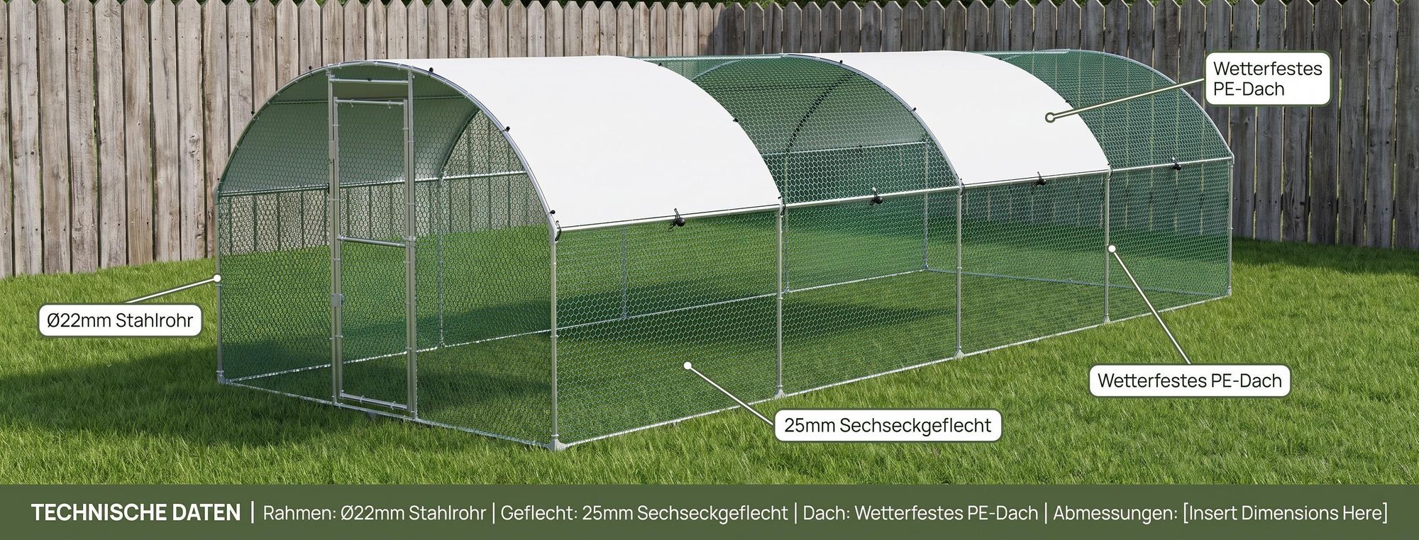 ROSEJANE Bogen-Hühnergehege 3 x 4 x 2 m, Hühnerauslauf mit verzinktem Stahlrahmen, PVC-beschichtetem Drahtgitter und UV-beständigem PE-Dach, abschließbare Tür, für Hühner, Enten, Gänse und Kaninchen