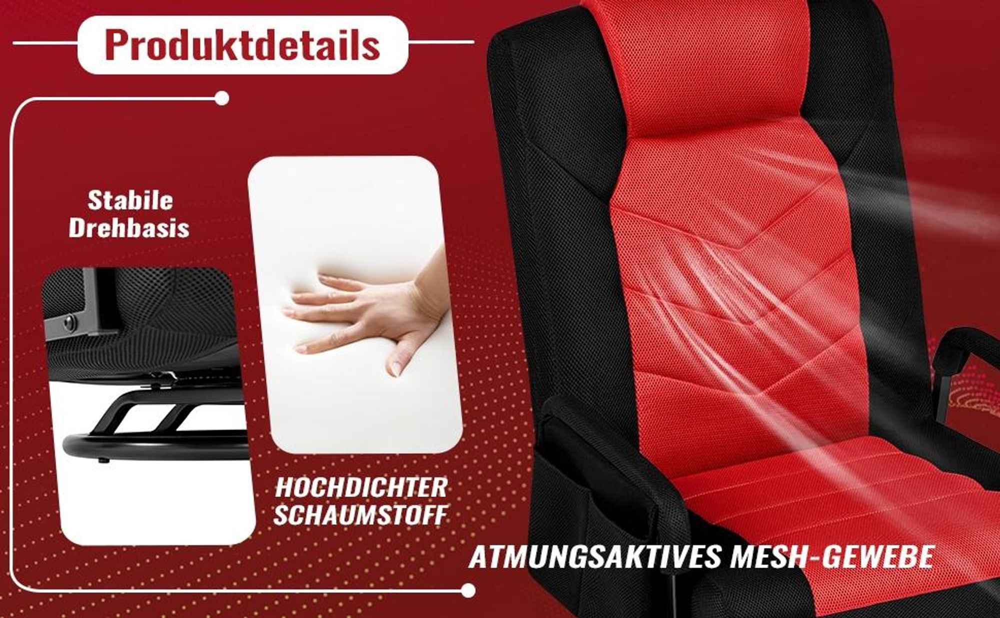 Yaheetech Bodenstuhl drehbarer Gaming-Stuhl mit verstellbarer Rückenlehne, klappbarer Bodensessel, Schwarz-Rot