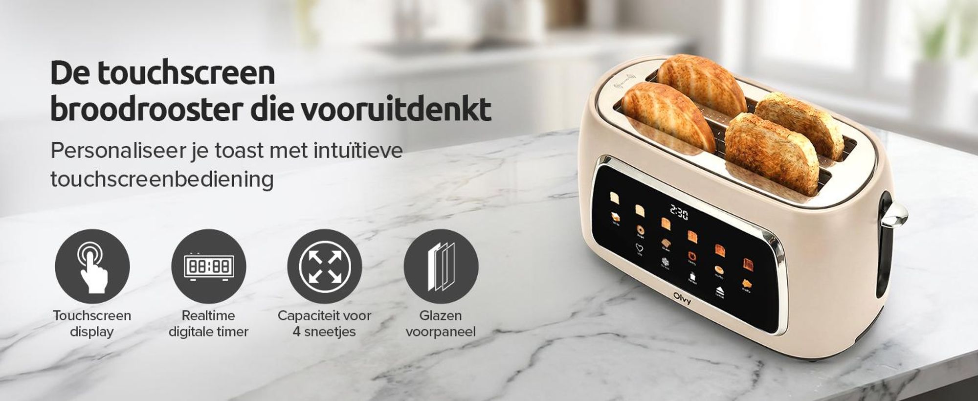 Olvy Broodrooster, 4 sleuven, lange sleuven, digitaal display met timer, 6 bruiningsgraden, brede sleuven, ontdooifunctie en opwarmfunctie, 1500W, beige