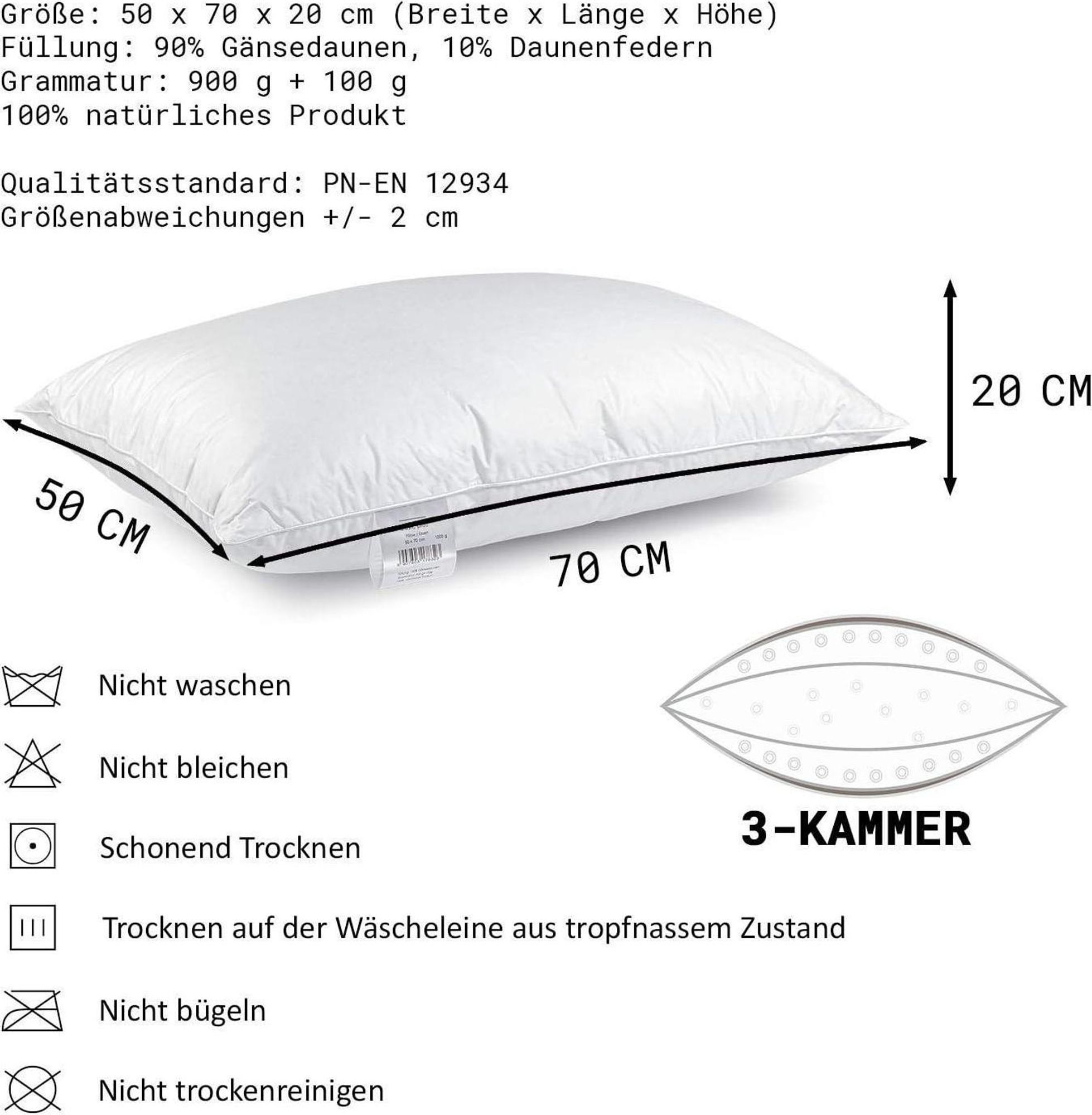 2er Set Dreikammer Kopfkissen 50x70 cm 1000 g – 90% Gänsedaunen – 3-Kammer Daunenkissen mit Baumwollbezug