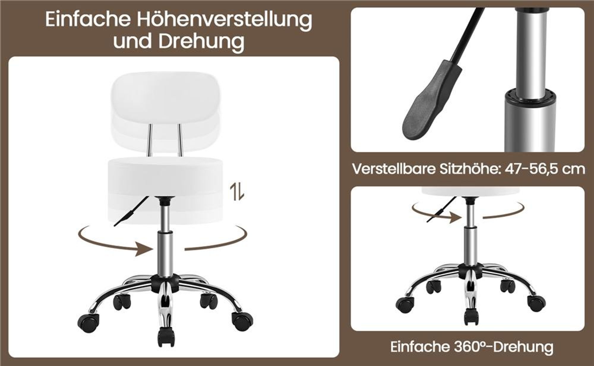 Yaheetech Drehhocker Rollhocker mit abnehmbaren Rückenlehnen, höhenverstellbarer Arbeitshocker, 75.5-85cm, mit Rollen, Weiß