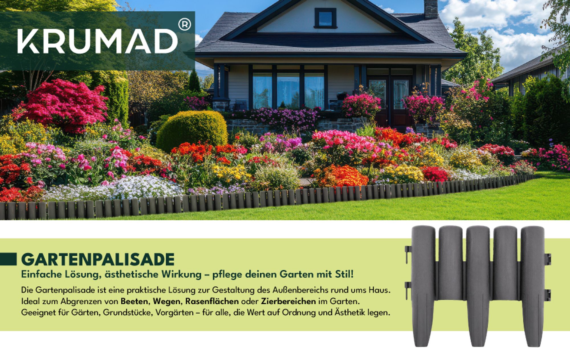 KRUMAD Rasenkante Kunststoff Holzoptik 10 Stück Set 2,8 Meter Höhe 24 cm Beeteinfassung Garten Flexible Beetumrandung Witterungsbeständig Anthrazit