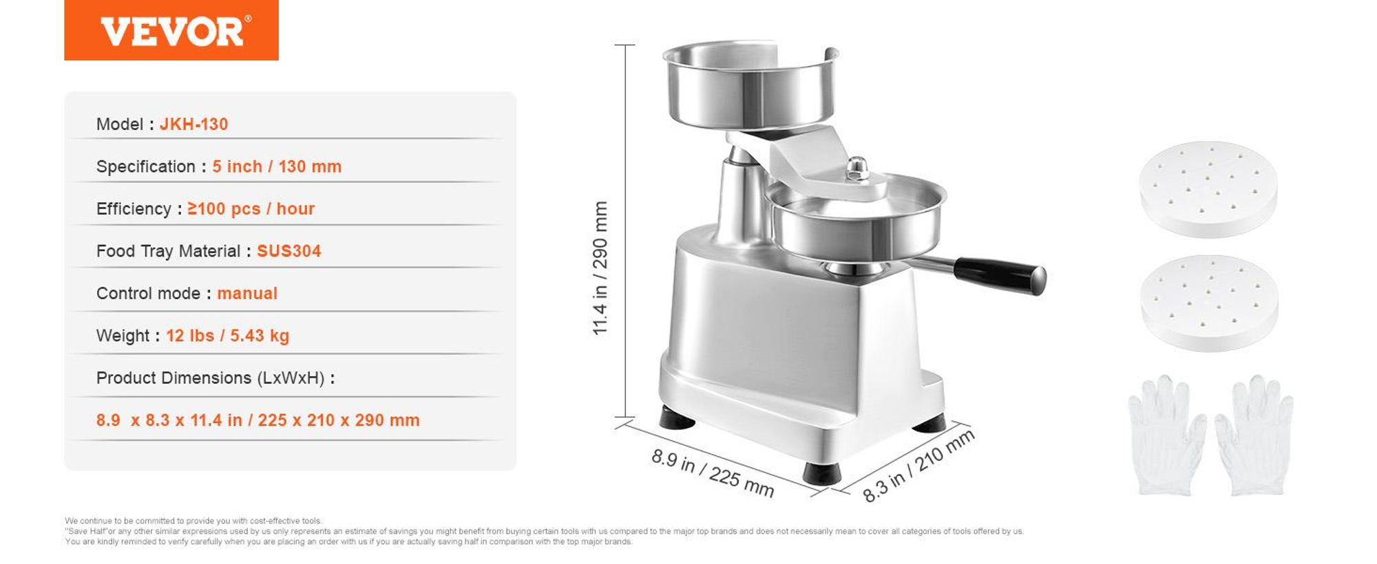 VEVOR Gewerblicher Burger-Patties-Maker, Hamburger-Rinderpatties-Maker mit 3 umwandelbaren Formen (4/5/6 Zoll), Hochleistungs-Edelstahl-Burgerpresse, Fleischformmaschine mit 1500 Patties-Papieren, 130 mm, 5 Zoll