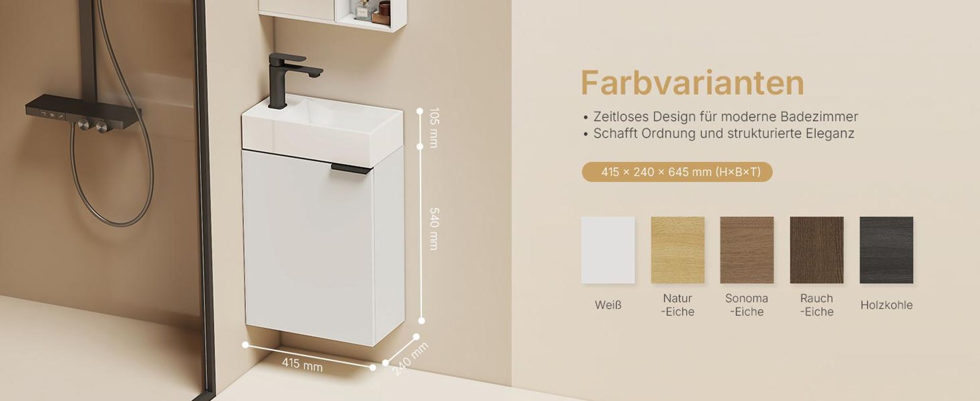 EMKE Waschbeckenunterschrank mit waschbecken 417×240×646 mm wandhängend, Badezimmerschrank, Waschtischunterschrank Soft-Close, Weiß