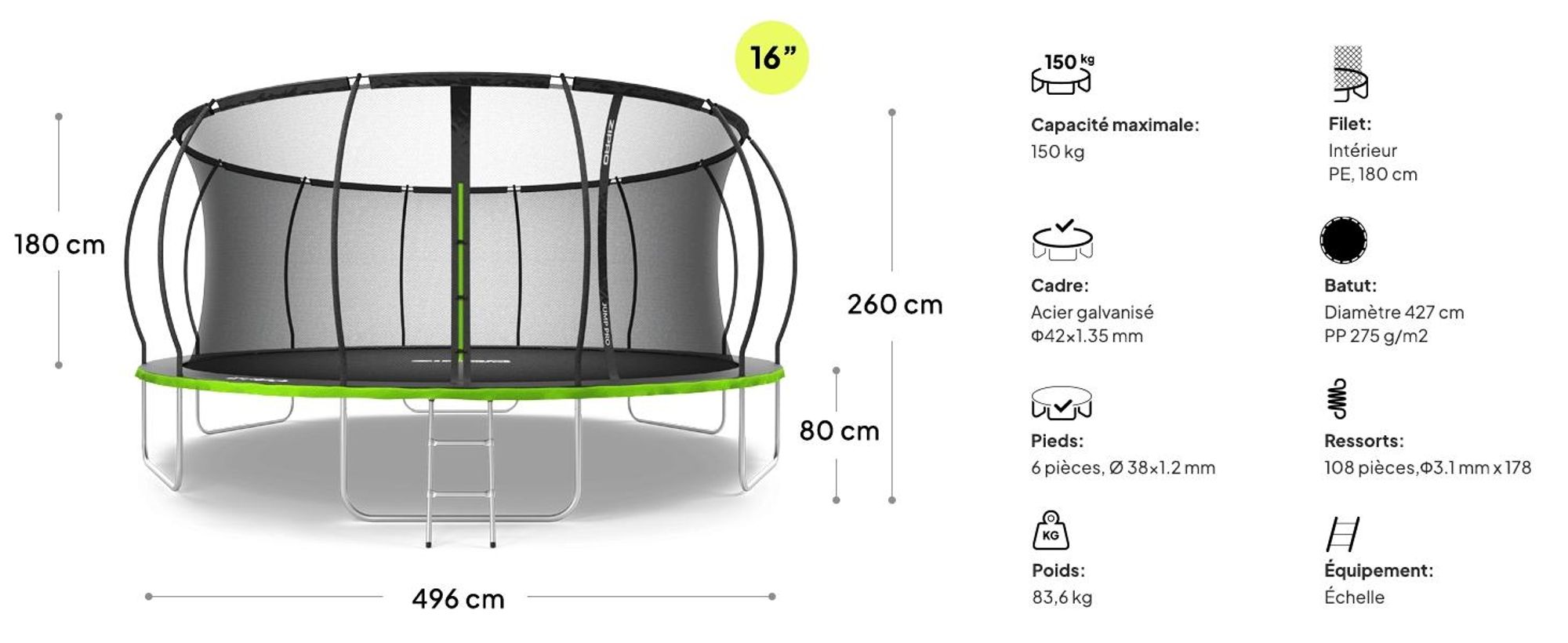 Trampoline ZIPRO Jump Pro Premium | 16FT Ø 496 cm | Trampoline de jardin Trampoline pour enfants Kit complet avec filet, échelle et housse de protection, extérieur, vert