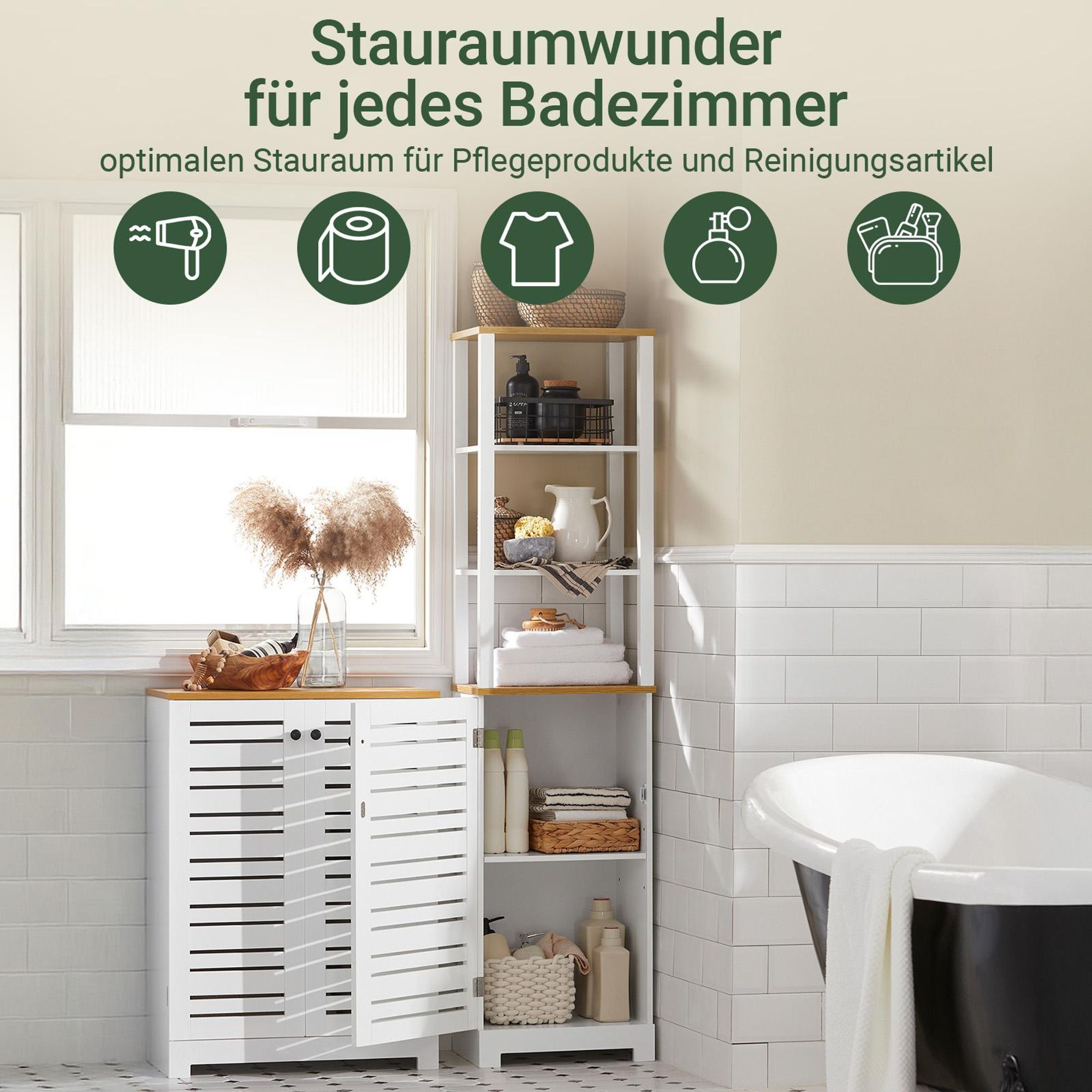 SoBuy Badezimmerschrank hoch und schmal Bad Hochschrank mit Lamellentür und offenen Fächern, platzsparender Badschrank, Weiß-Natur BZR43-W