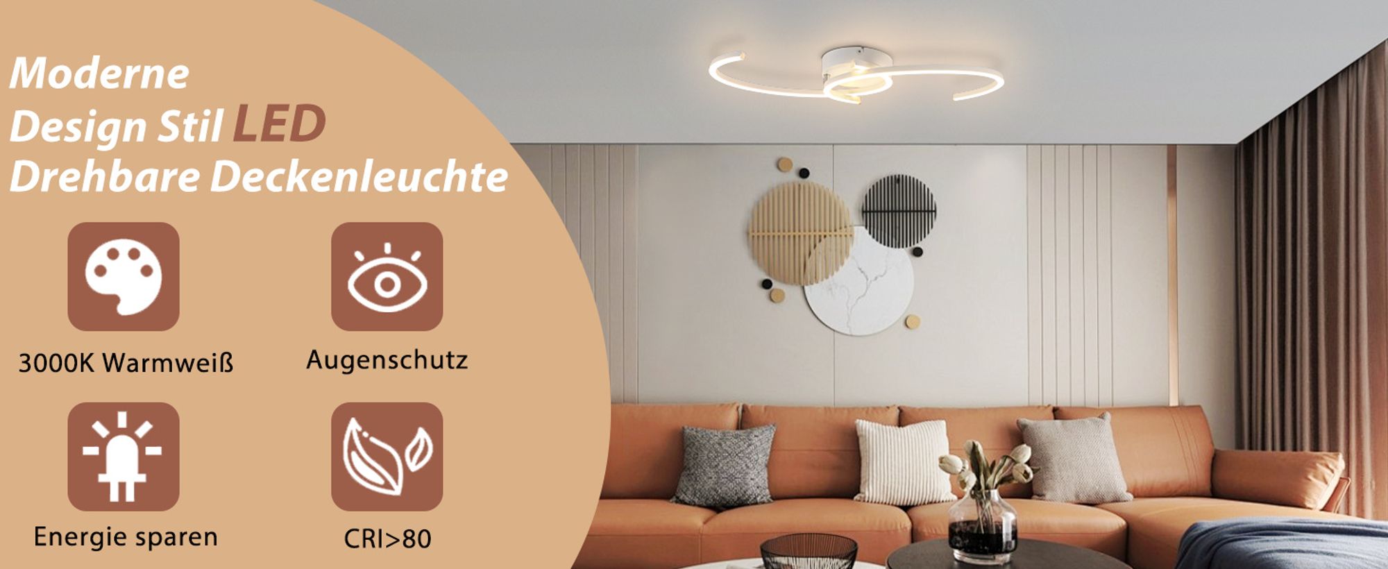 ZMH Deckenlampe LED Deckenleuchte Küche 24W Wohnzimmerlampe Moderne Design Schlafzimmerlampe 3000K Warmweiß Wohnzimmer Küchenlampe 330° Drehbarer 2-Ringen weiß Deckenlampen für Schlafzimmer Esszimmer