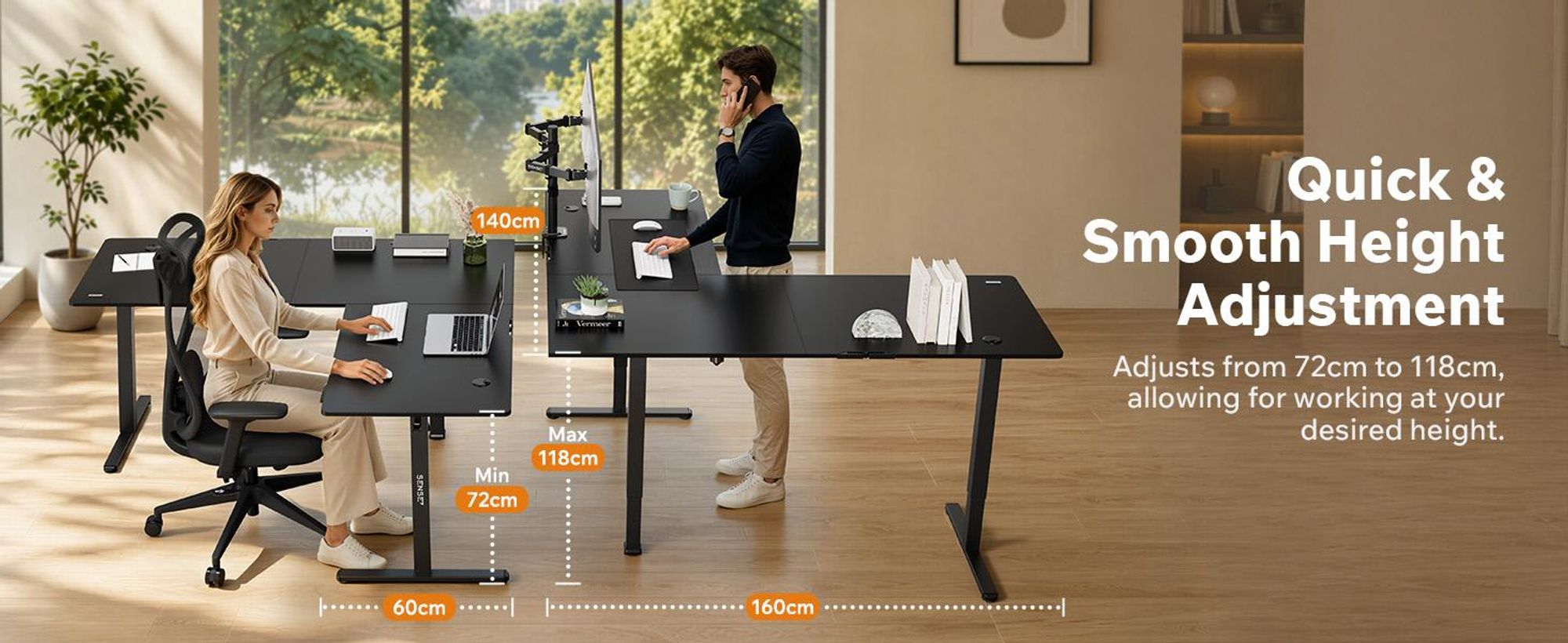 SENSE7 NOJO, rohový písací stôl, model Light Corner, elektricky nastaviteľná výška, rozmer 160x140, tvar L, stojací písací stôl, dvojitý motor, nastaviteľná výška s pamäťou, čierna farba