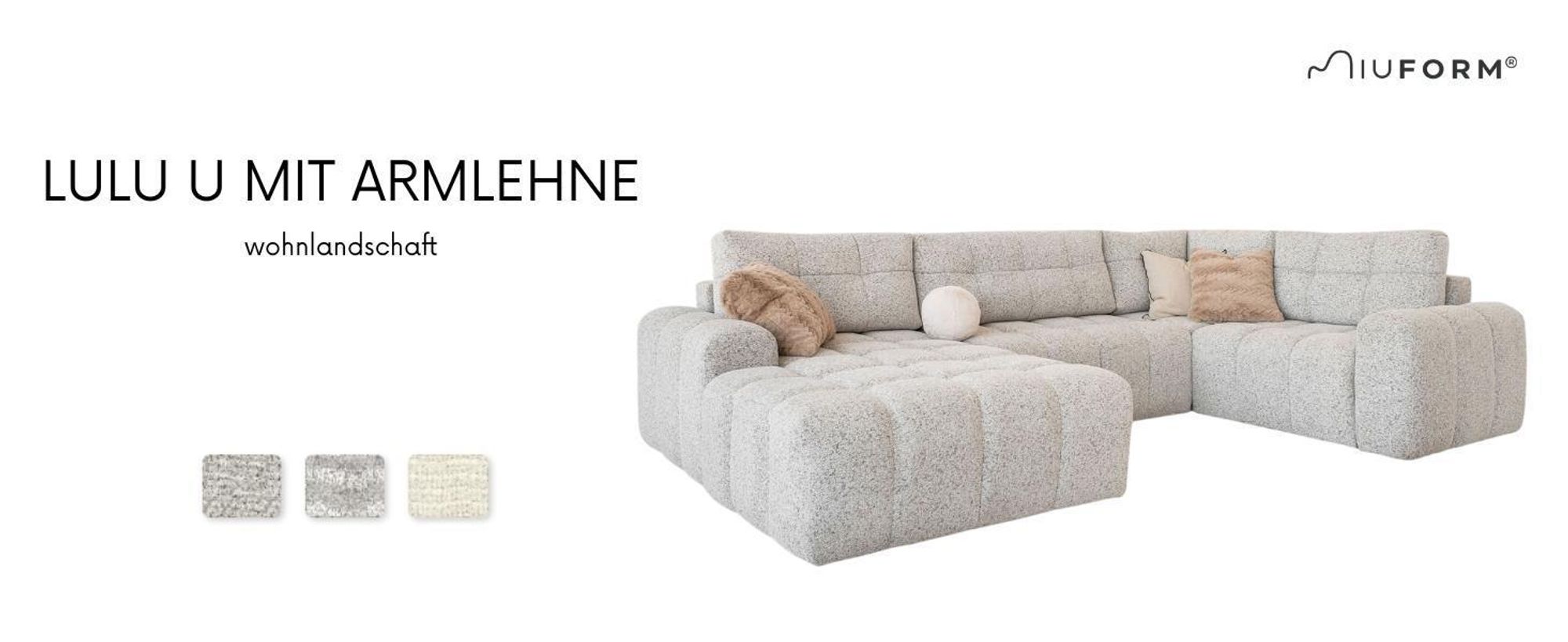 MIUFORM Lulu Ecksofa mit Bettfunktion und Bettkasten U-FORM RECHTS – 333 x 213 cm - Salz und Pfeffer- Sofa Schlafsofa Couch Modulsofa