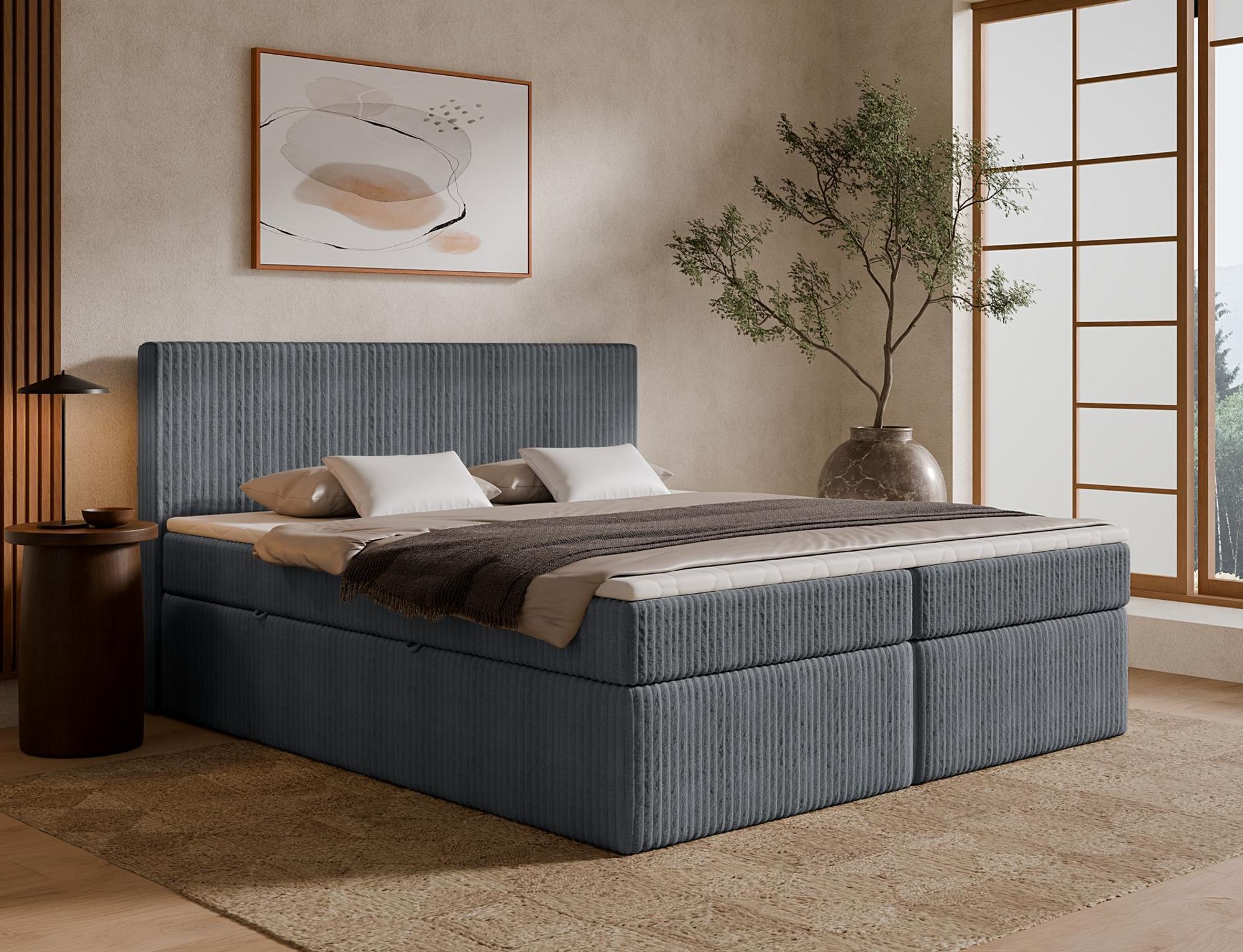 Boxspringbett TILIA ONE in Dunkelgrau mit Bettkasten und moderner Rippenstruktur