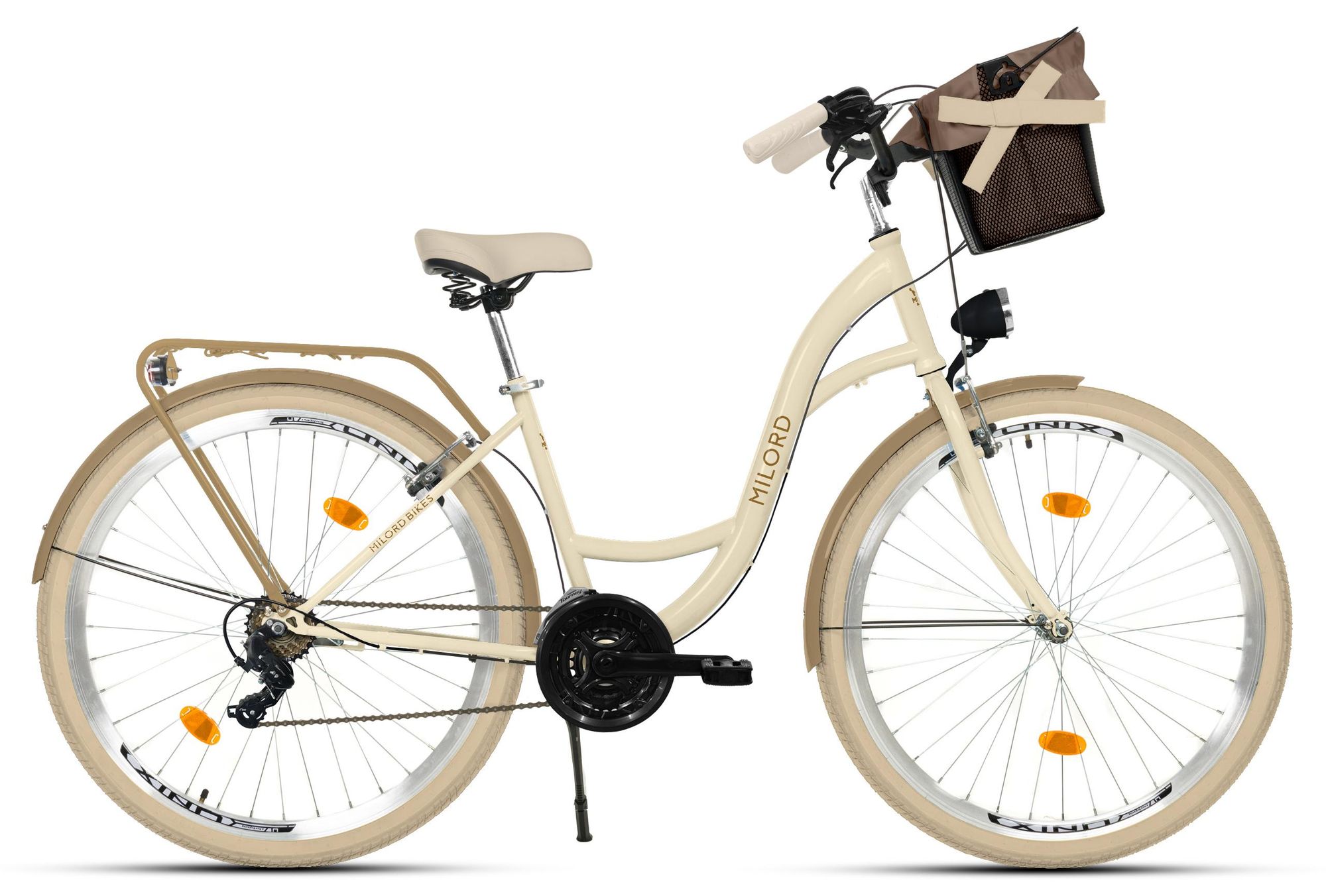 MILORD Damenfahrrad Citybike Komfort Mit Metallkorb Hollandrad Fahrrad, 26 Zoll, 21-Gang, Khaki-Creme