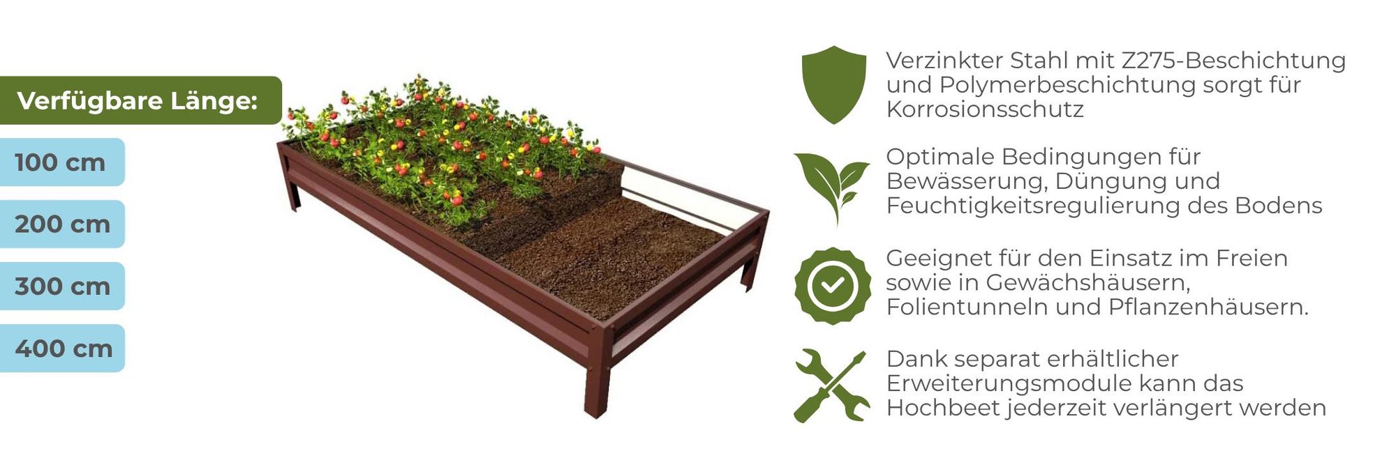 ETL Metall Hochbeet 60x200x20 cm – verzinkt mit Polymerbeschichtung, Gartenbeet